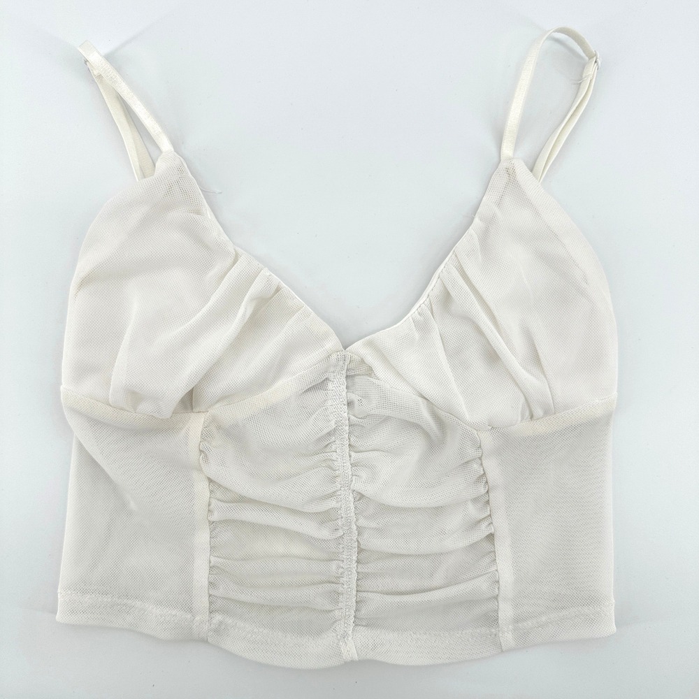 Garage White Ruched Mesh Cami Crop Top XS Coquette Soft Girl Y2K‎ Balletcore